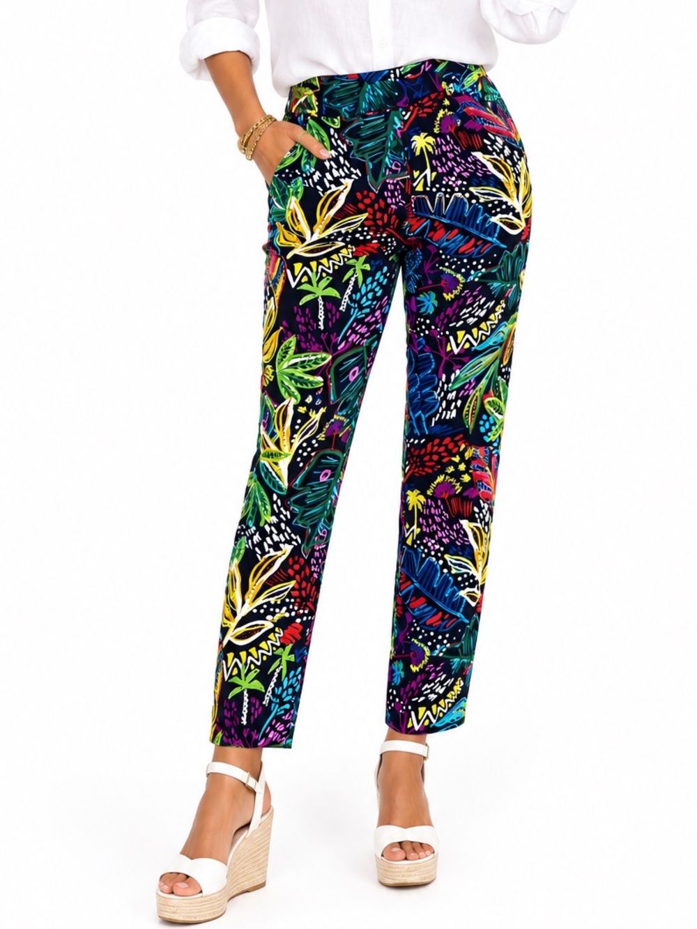 Joseph Ribkoff Multicolor Tropical Botanical Floral Cropped Pixie Pants Size 10